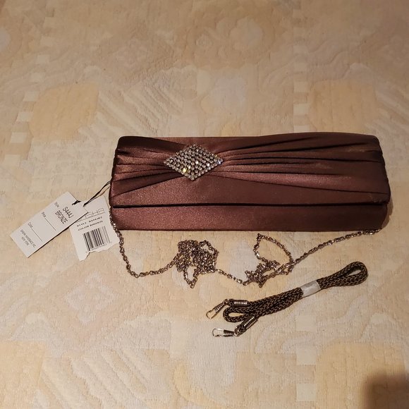 Sasha clutch satin-like fabric with broach decor; bronze color - Picture 1 of 7